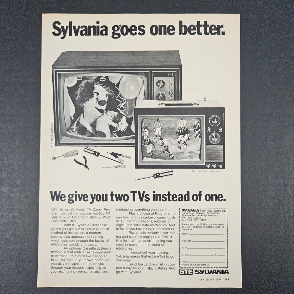 1974 Sylvania Technical School Master TV Program Vintage Print Ad Clown Football